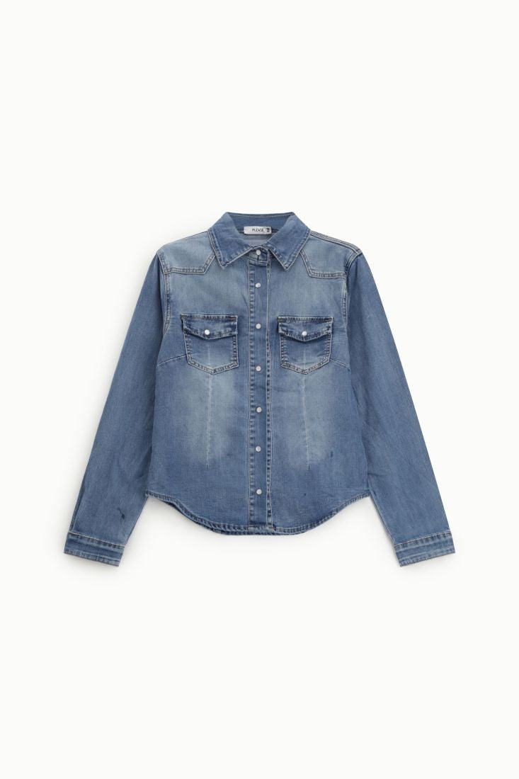 PLEASE - Camicia denim con tasche frontali e polsini abbottonati