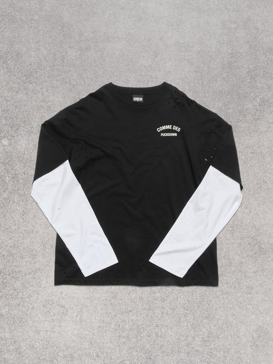 COMME DES FUCKDOWN - T-Shirt doppia manica con stampa sul davanti e rotture