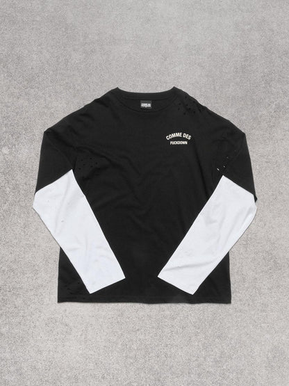 COMME DES FUCKDOWN - T-Shirt doppia manica con stampa sul davanti e rotture