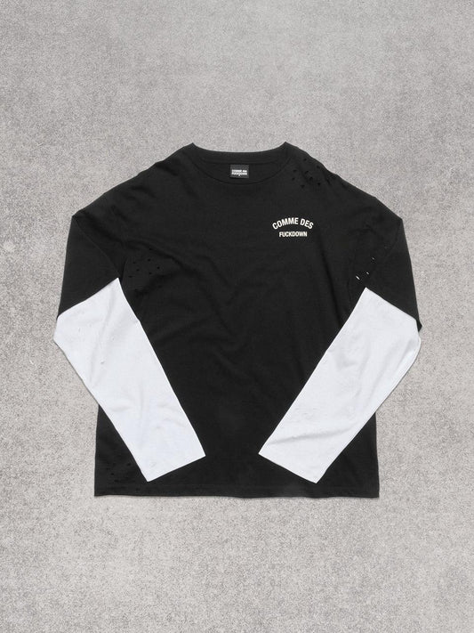 COMME DES FUCKDOWN - T-Shirt doppia manica con stampa sul davanti e rotture