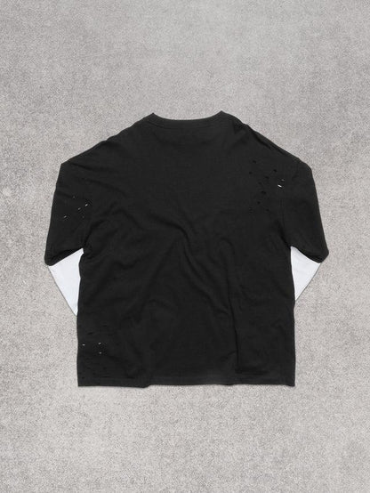 COMME DES FUCKDOWN - T-Shirt doppia manica con stampa sul davanti e rotture