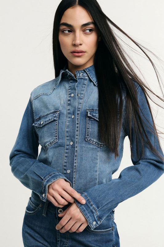 PLEASE - Camicia denim con tasche frontali e polsini abbottonati