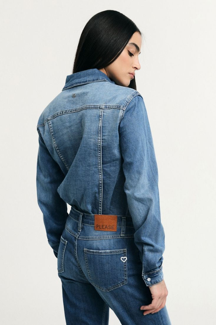 PLEASE - Camicia denim con tasche frontali e polsini abbottonati