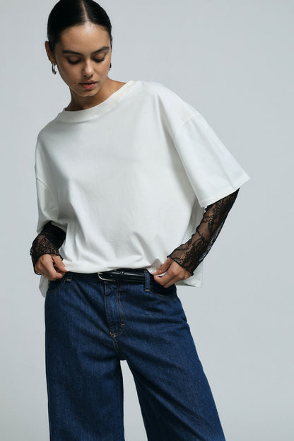 PLEASE - T-shirt a maniche lunghe con inserto in pizzo