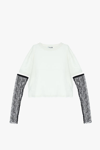 PLEASE - T-shirt a maniche lunghe con inserto in pizzo