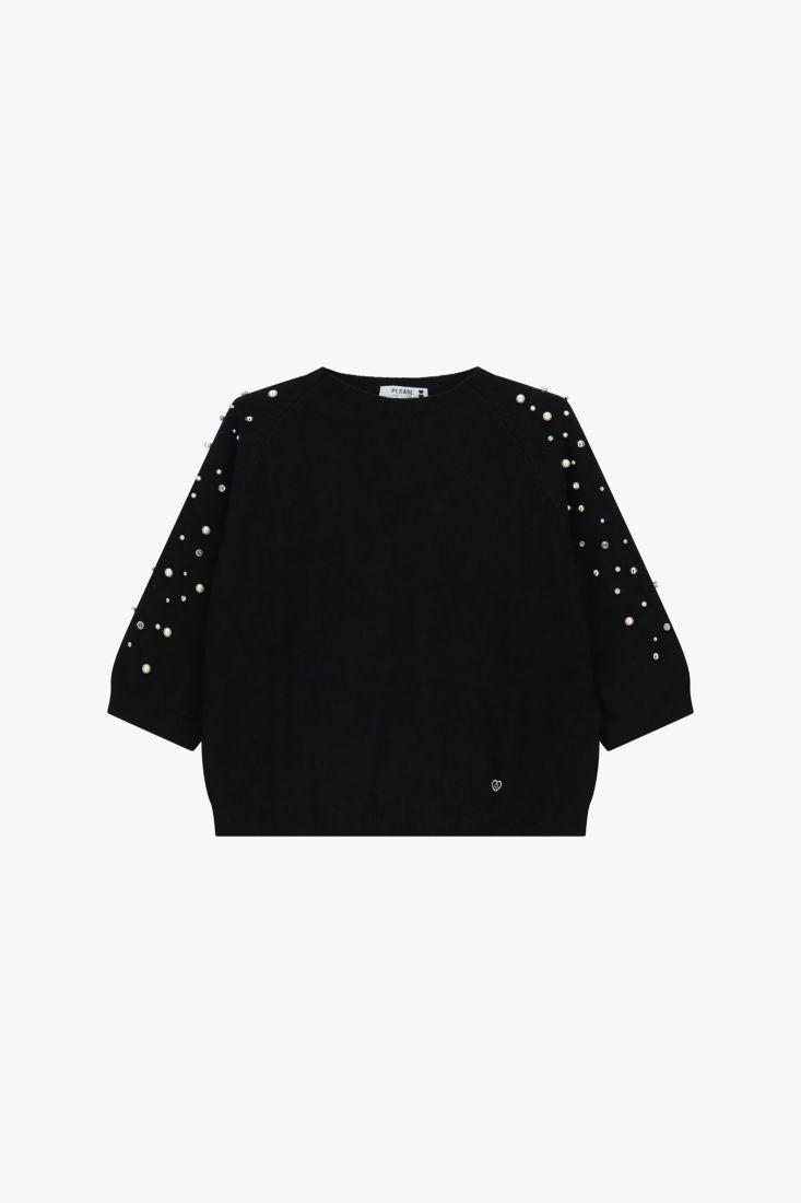 PLEASE - Maglione girocollo con maniche 3/4 e applicazioni