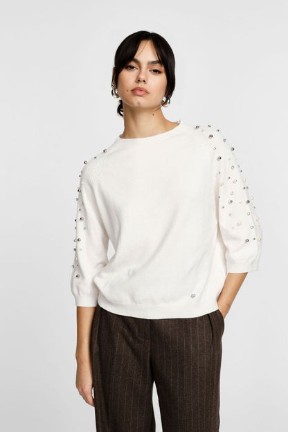 PLEASE - Maglione girocollo con maniche 3/4 e applicazioni