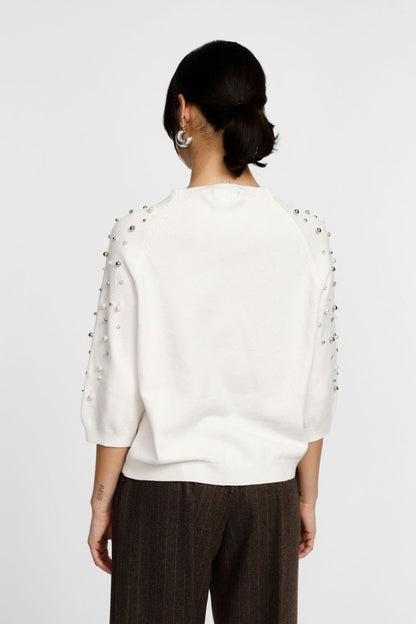 PLEASE - Maglione girocollo con maniche 3/4 e applicazioni