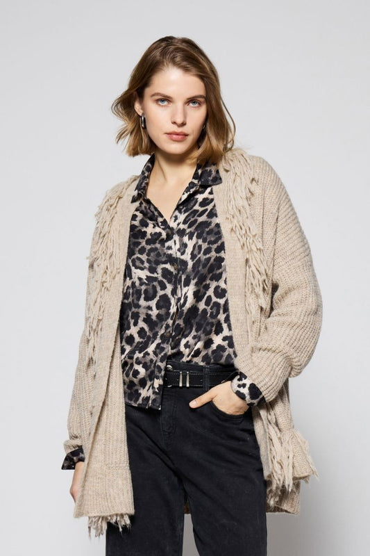 PLEASE - Cardigan lungo con frange e maniche lunghe