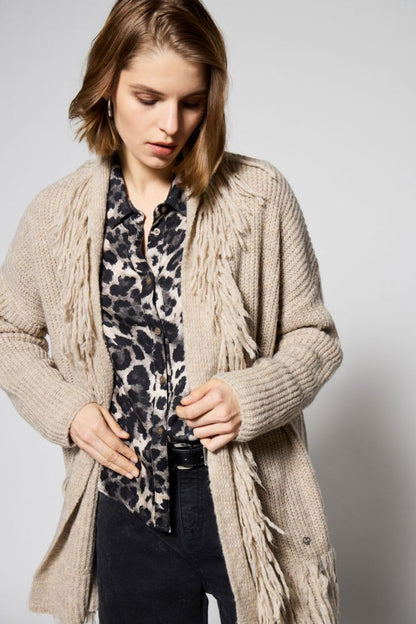PLEASE - Cardigan lungo con frange e maniche lunghe