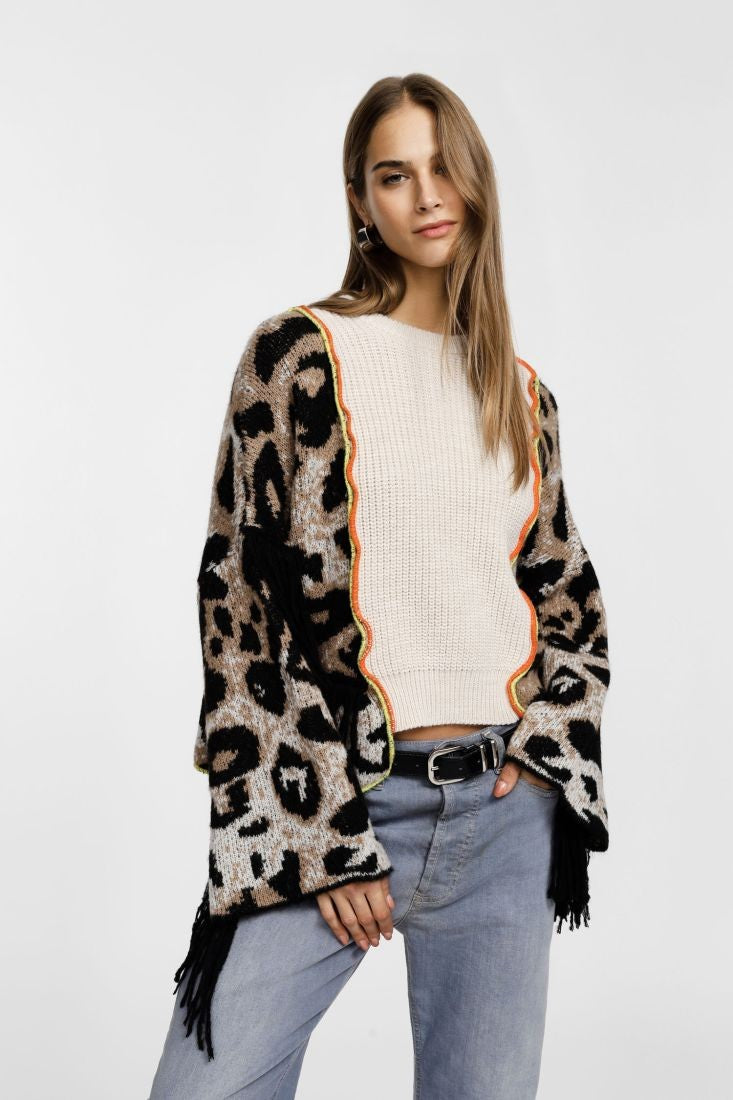 PLEASE - Cardigan con motivo animalier, frange e maniche larghe.