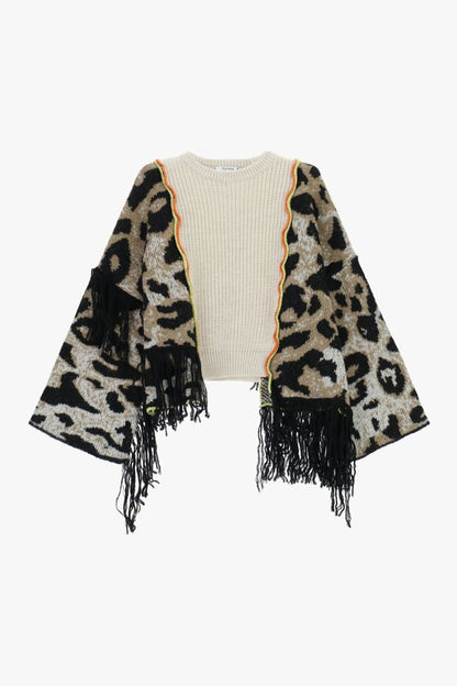 PLEASE - Cardigan con motivo animalier, frange e maniche larghe.