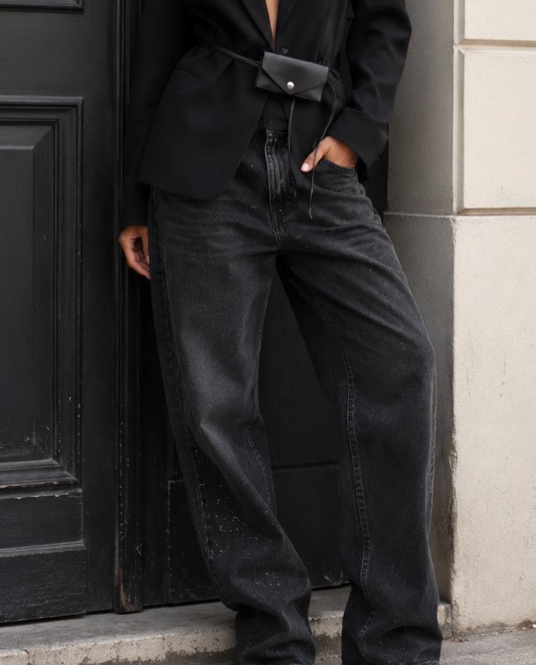 ANNA ROCK - Jeans nero barrel fit con microstrass
