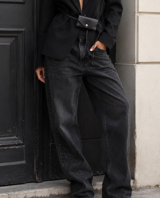 ANNA ROCK - Jeans nero barrel fit con microstrass